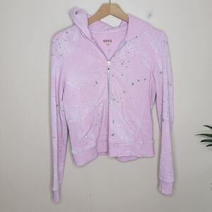 Y2K Grail | Distressed Splatter Zip Front Hoodie Sweatshirt with Skull on Back